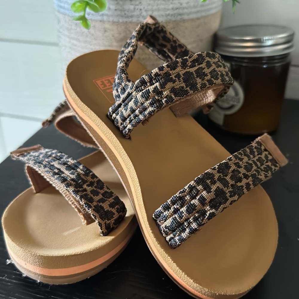 Like new Rees Velcro sandals cheetah print